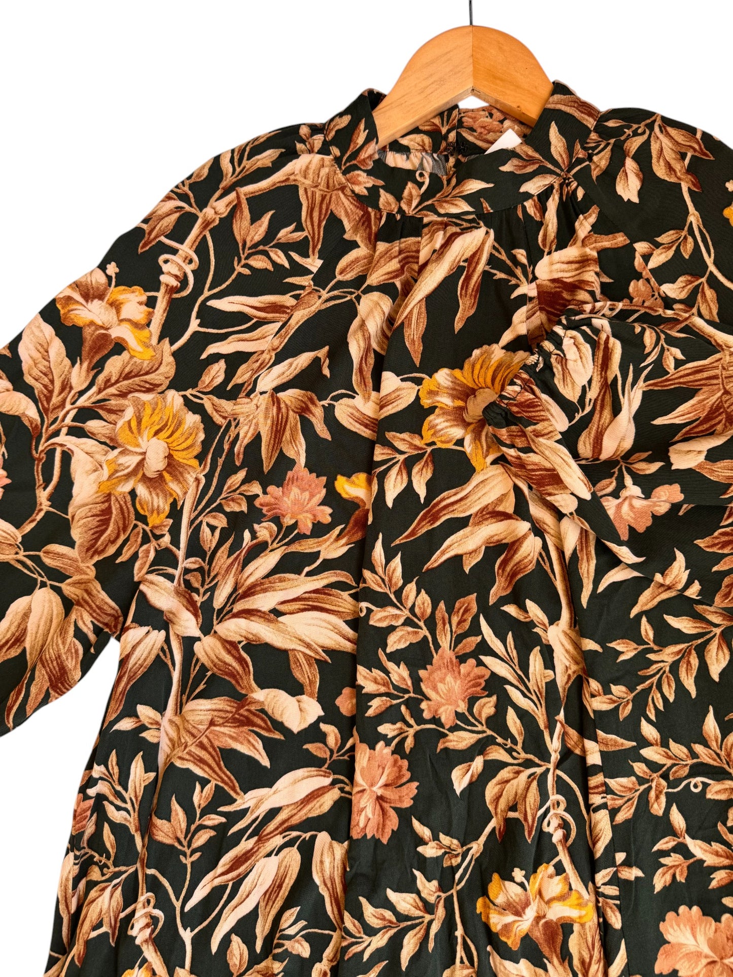 H&M Vintage-Inspired Balloon-Sleeved Shift Dress – Dark Green & Brown Floral