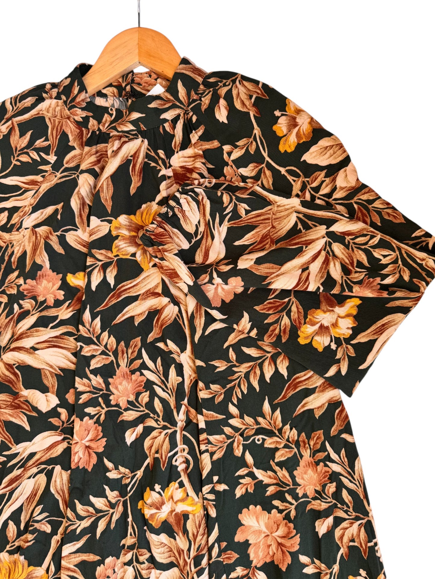H&M Vintage-Inspired Balloon-Sleeved Shift Dress – Dark Green & Brown Floral