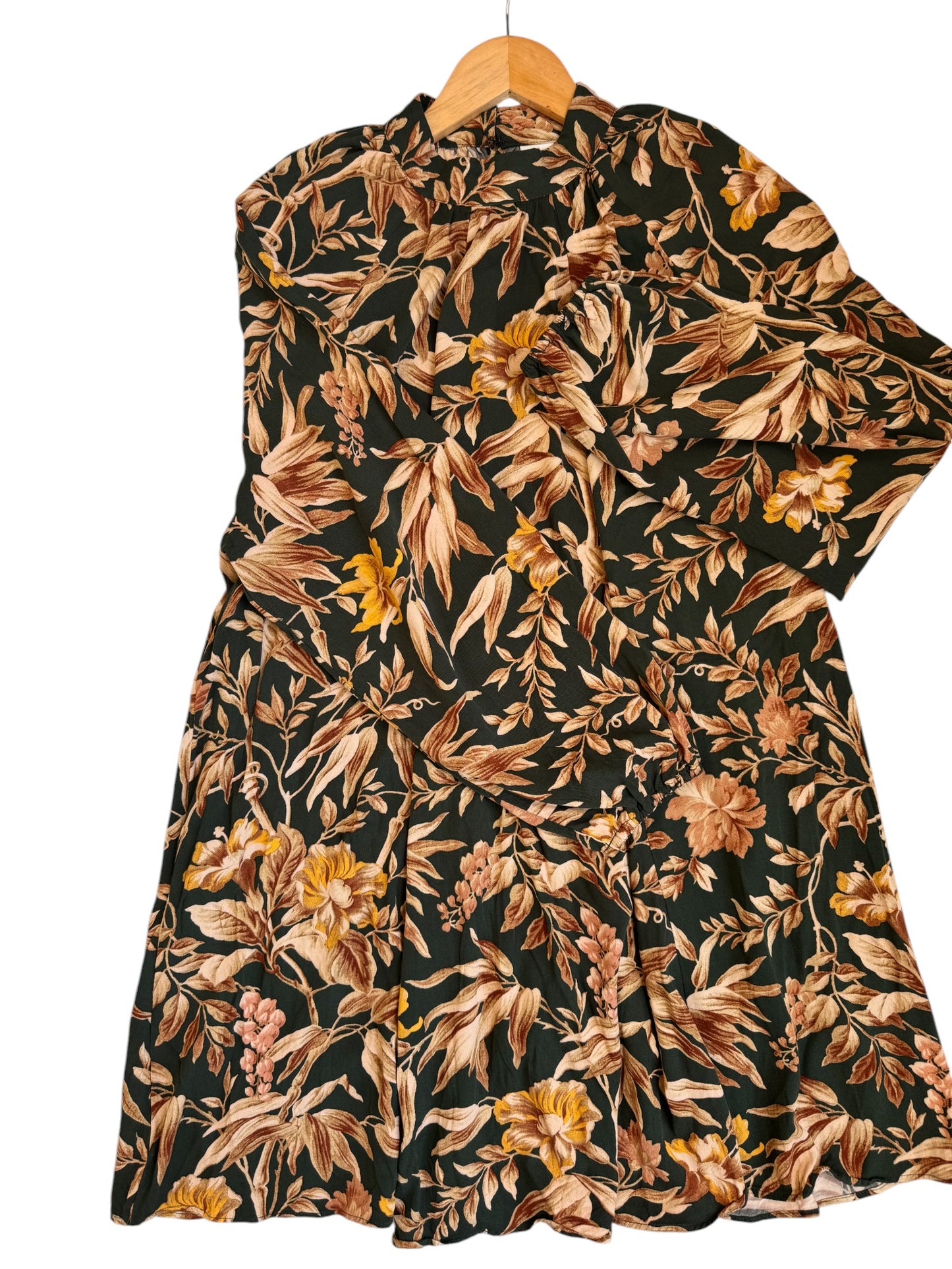 H&M Vintage-Inspired Balloon-Sleeved Shift Dress – Dark Green & Brown Floral