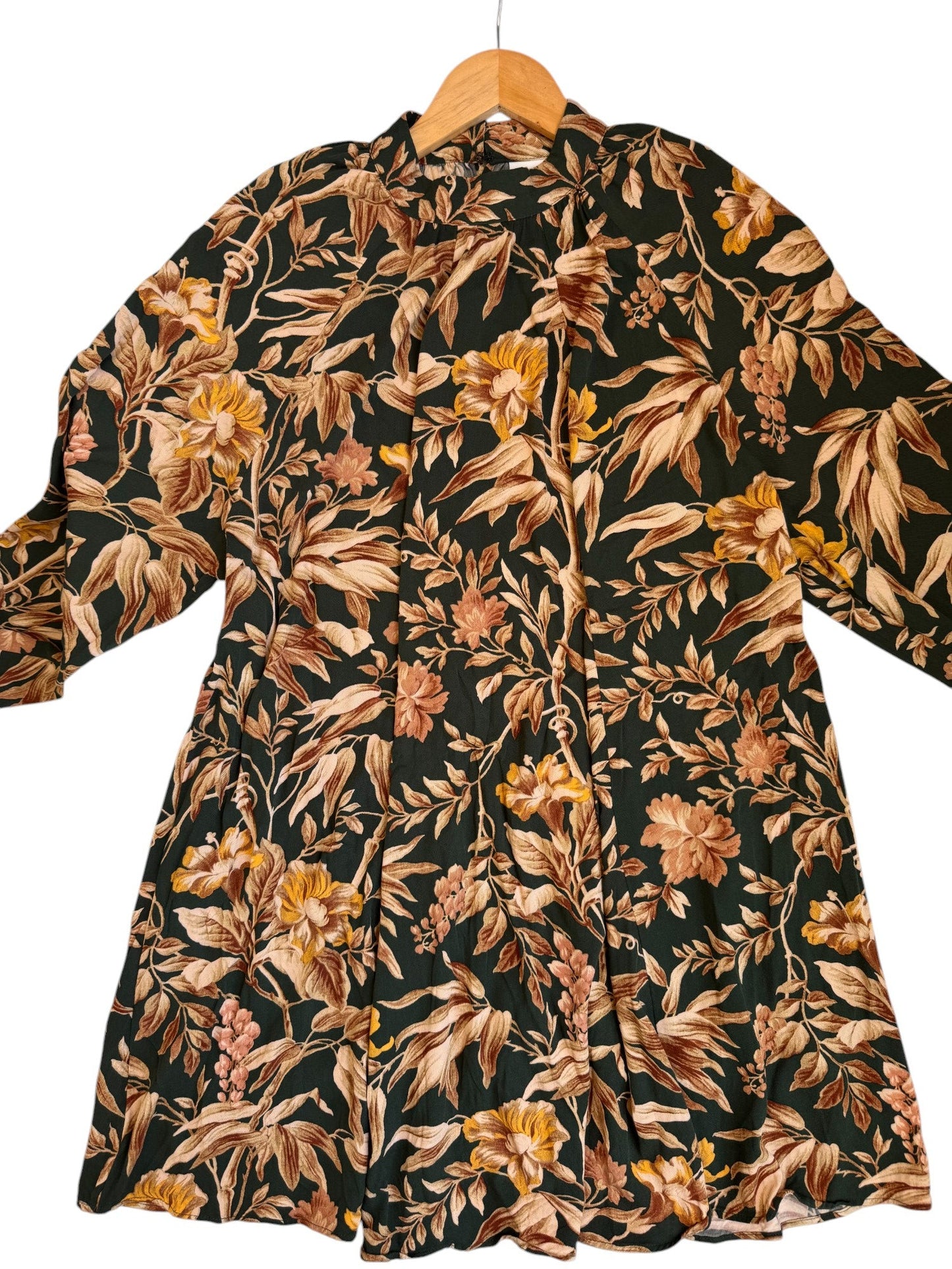 H&M Vintage-Inspired Balloon-Sleeved Shift Dress – Dark Green & Brown Floral