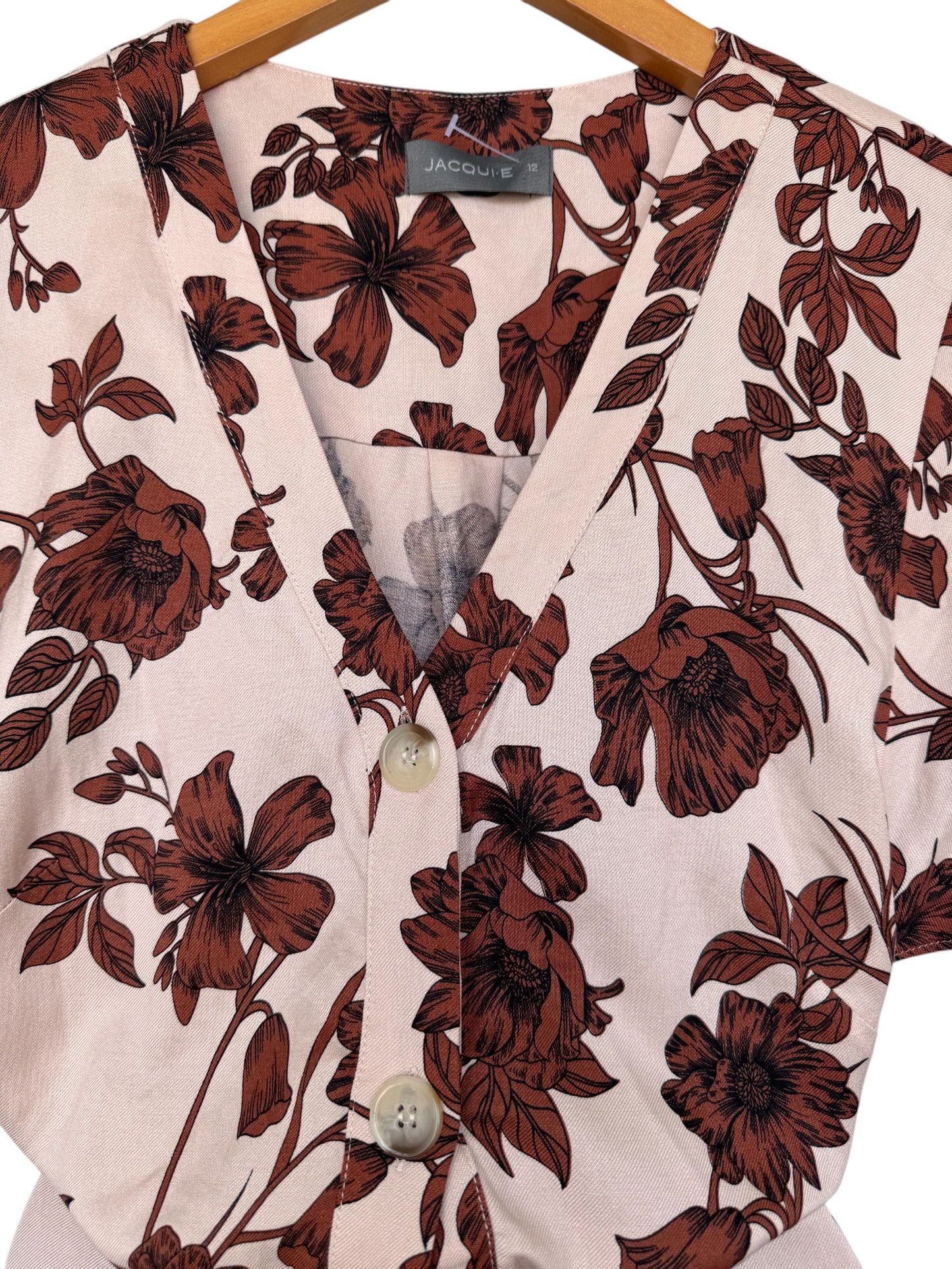 Jaqui-E Beige Floral Button-Down Dress – Soft Linen-Blend with Waist Tie