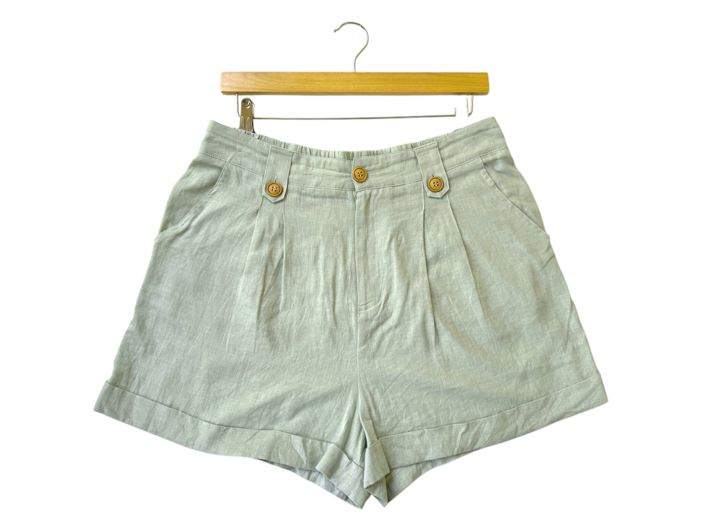 HAVEN Pastel Green Pleated Linen Shorts – Relaxed Fit with Garter Back
