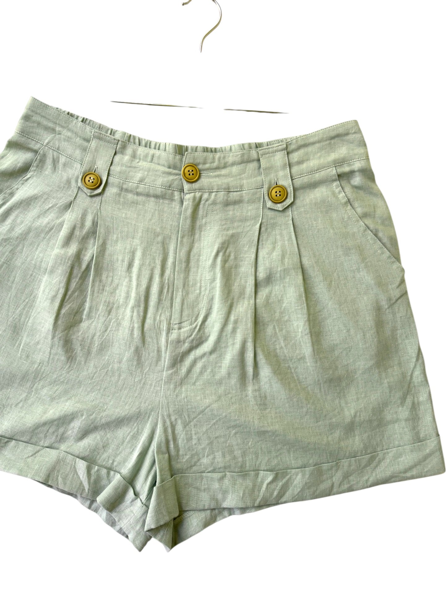 HAVEN Pastel Green Pleated Linen Shorts – Relaxed Fit with Garter Back