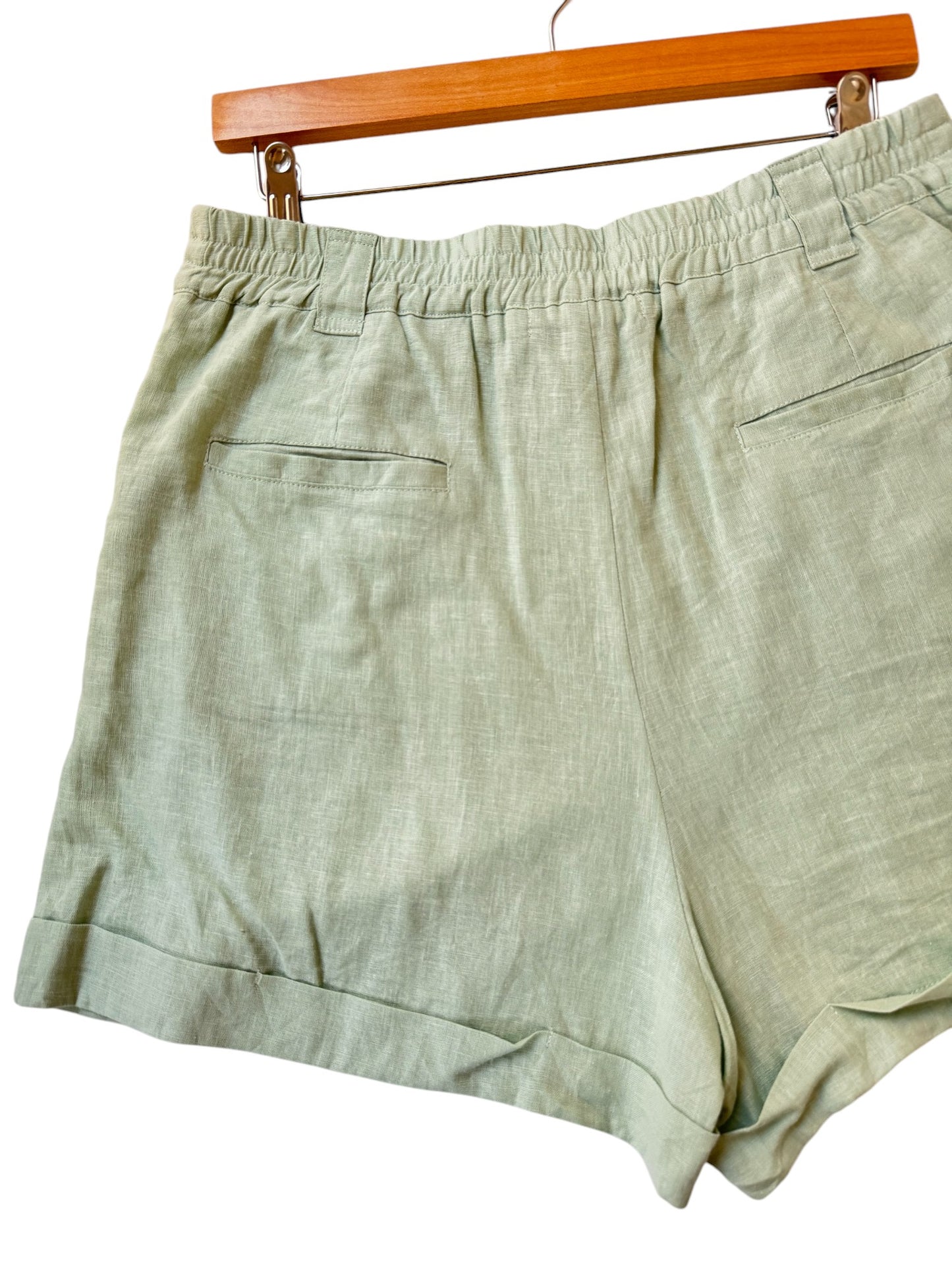 HAVEN Pastel Green Pleated Linen Shorts – Relaxed Fit with Garter Back