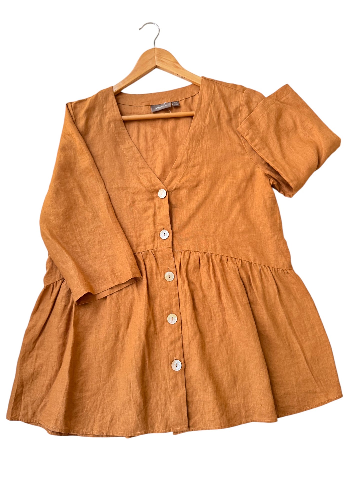 SUSSAN Camel Brown Linen Babydoll Top – Minimalist Style with a Breezy Silhouette
