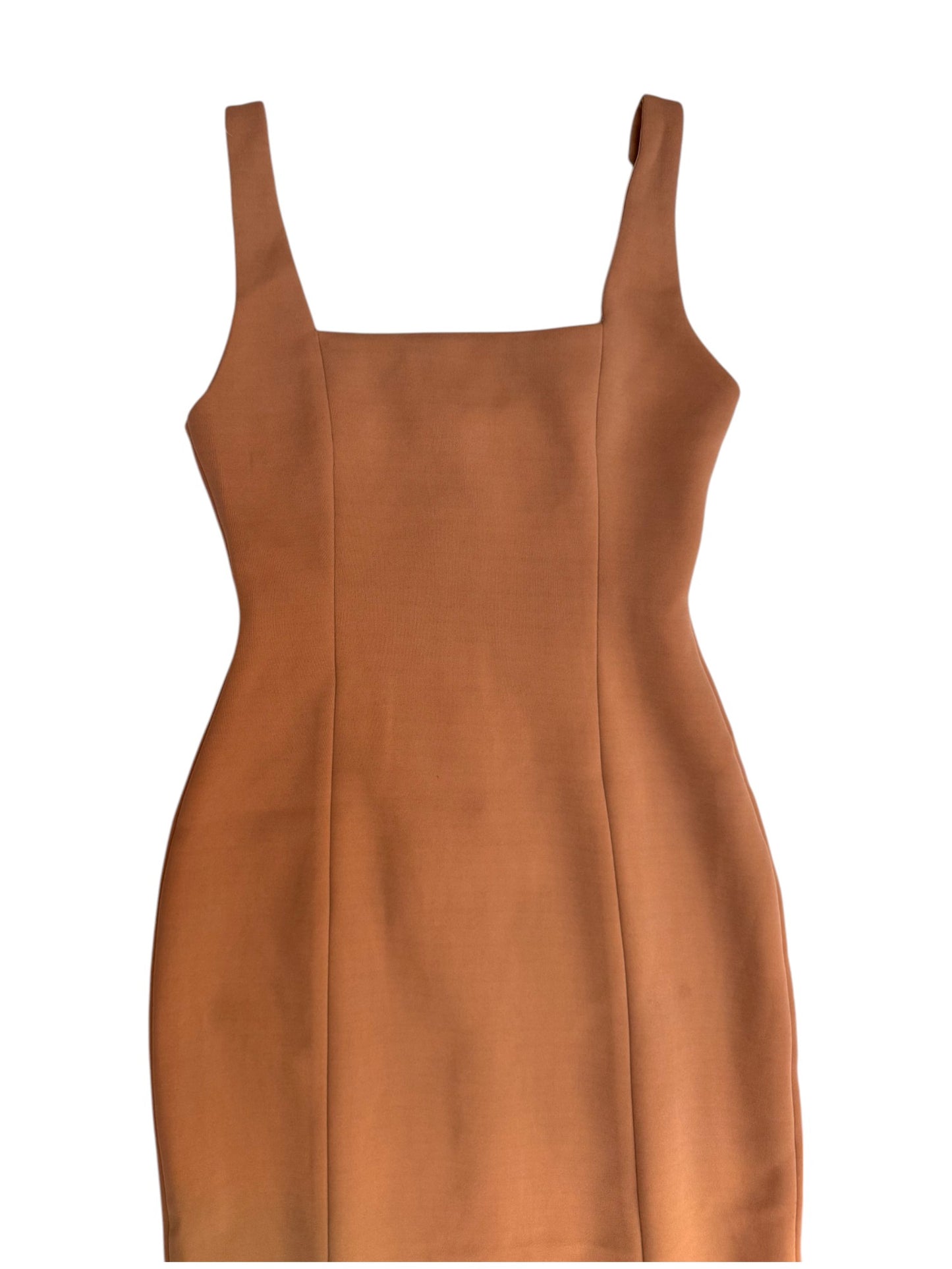 First Muse' Camel Brown Square Neck Midi Sheath Dress – Sleeveless