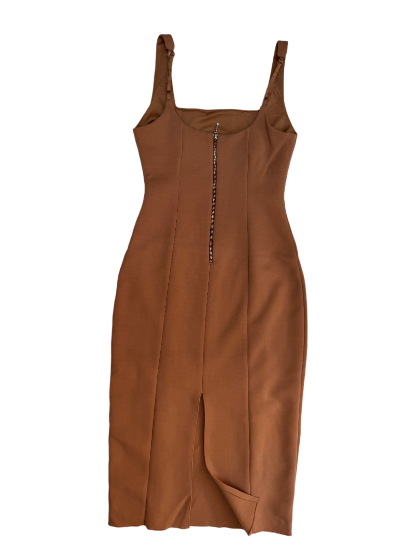 First Muse' Camel Brown Square Neck Midi Sheath Dress – Sleeveless