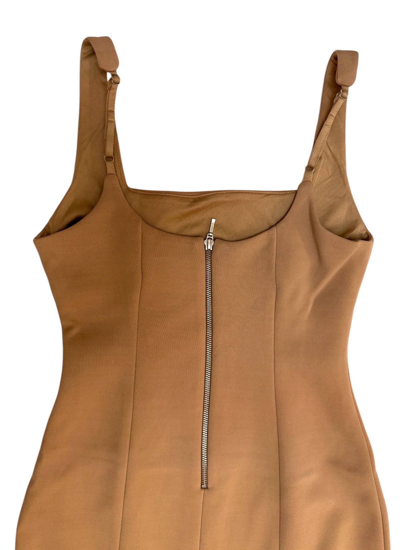First Muse' Camel Brown Square Neck Midi Sheath Dress – Sleeveless