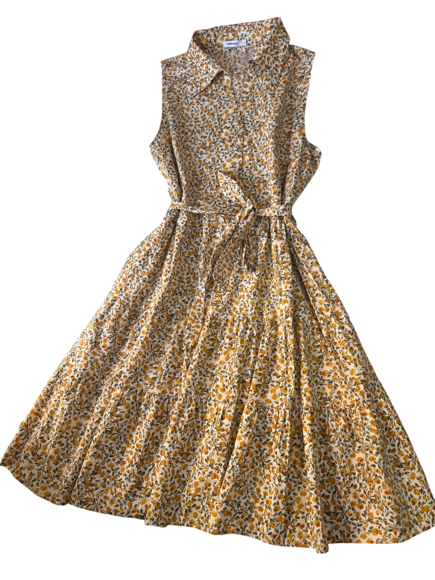 Valleygirl Yellow Micro Floral Cotton Midi Tiered Dress – Sleeveless with Collar