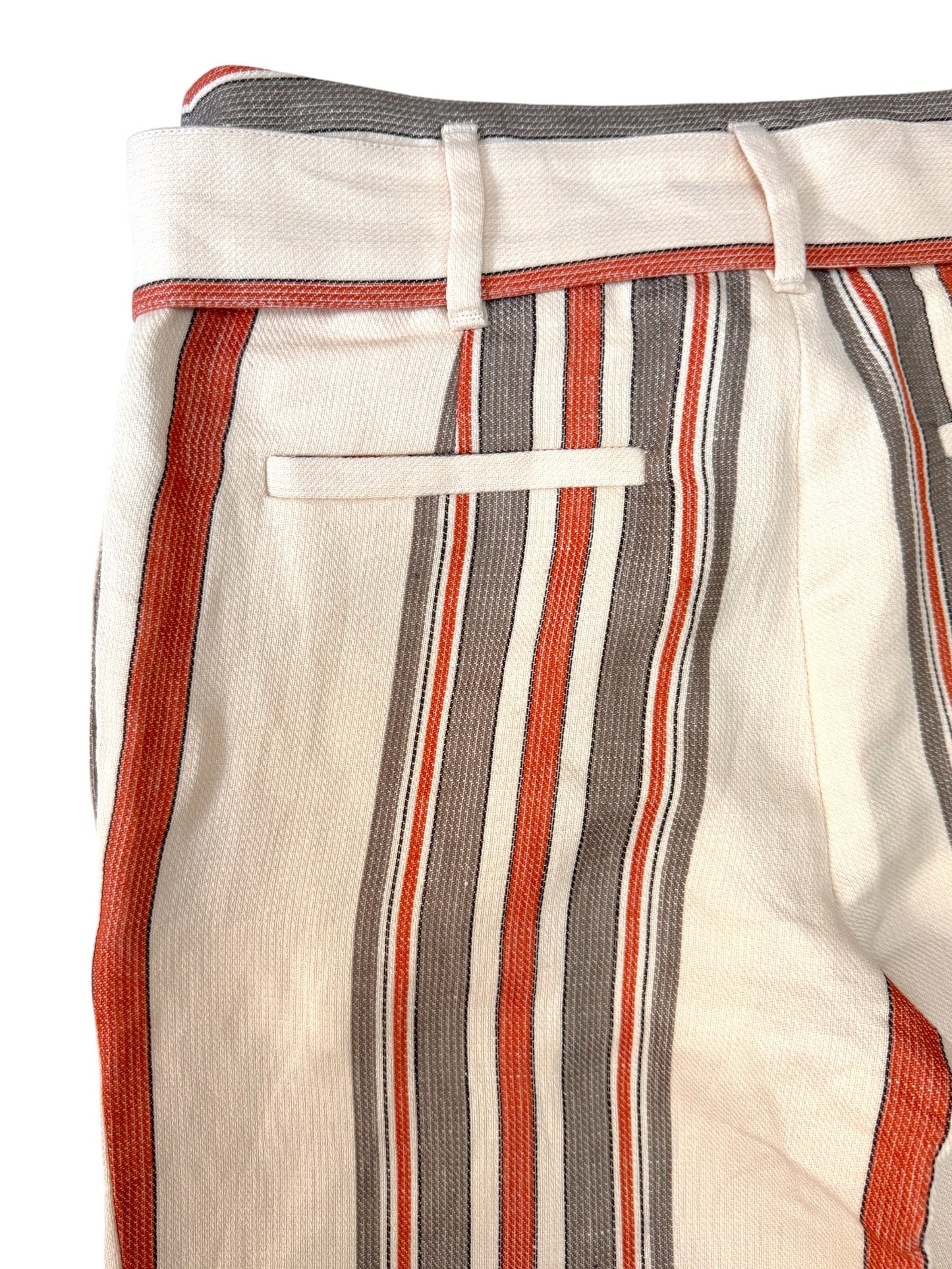 Rebecca Mlnkoff Moly High-Rise Wide-Leg Pants – Beige with Brown Stripes, Belted Waist & Pockets