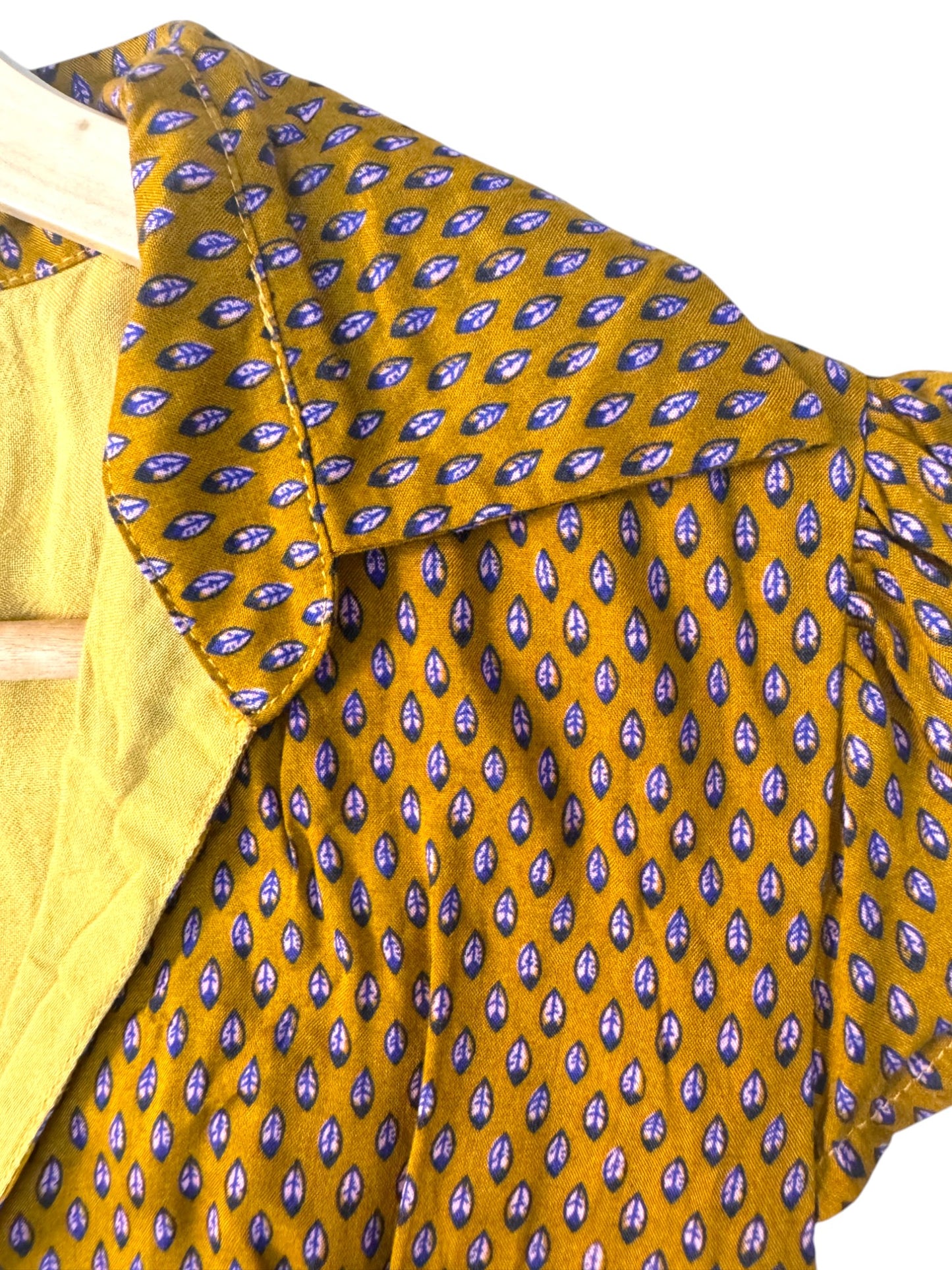 Retro Vibe Dark Mustard Leaf Print A-Line Dress – V-Neck Button-Up