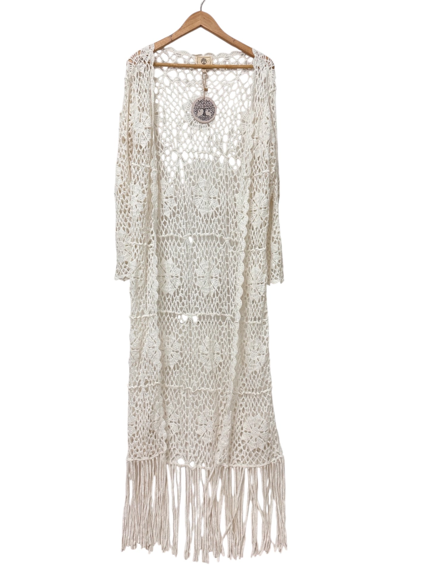 Isabella White Crocheted Maxi Kimono Cover Up – Free Size Cotton