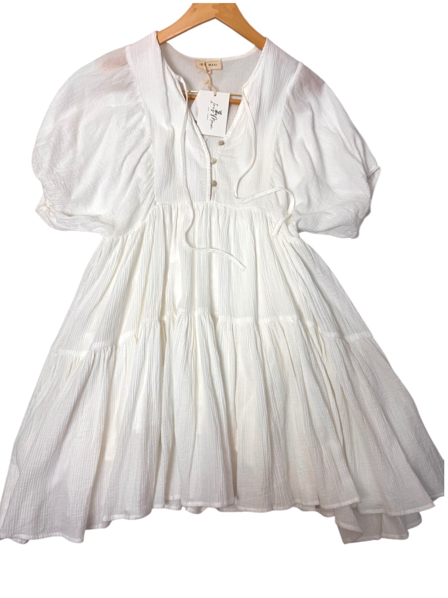 White Cotton Babydoll Tiered Mini Dress with Puff Sleeves