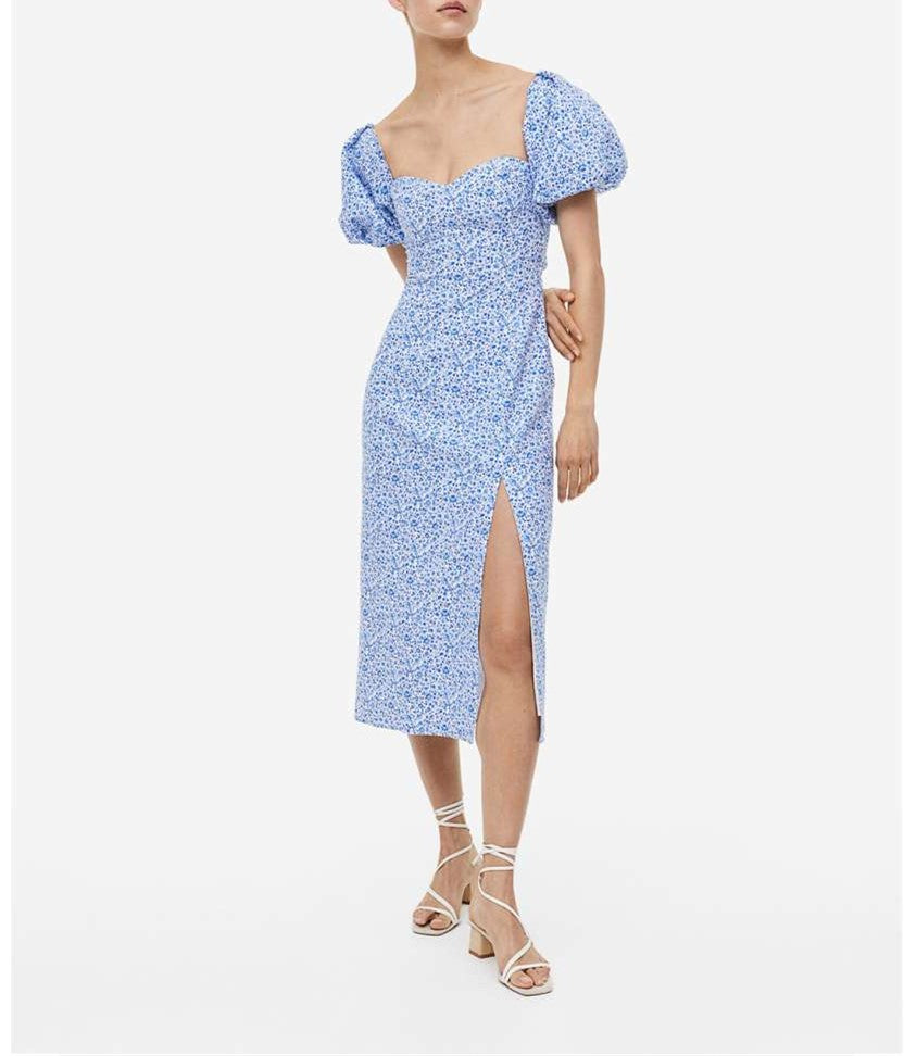 Blue & White Micro Floral Midi Dress, Puffed Sleeves | H&M