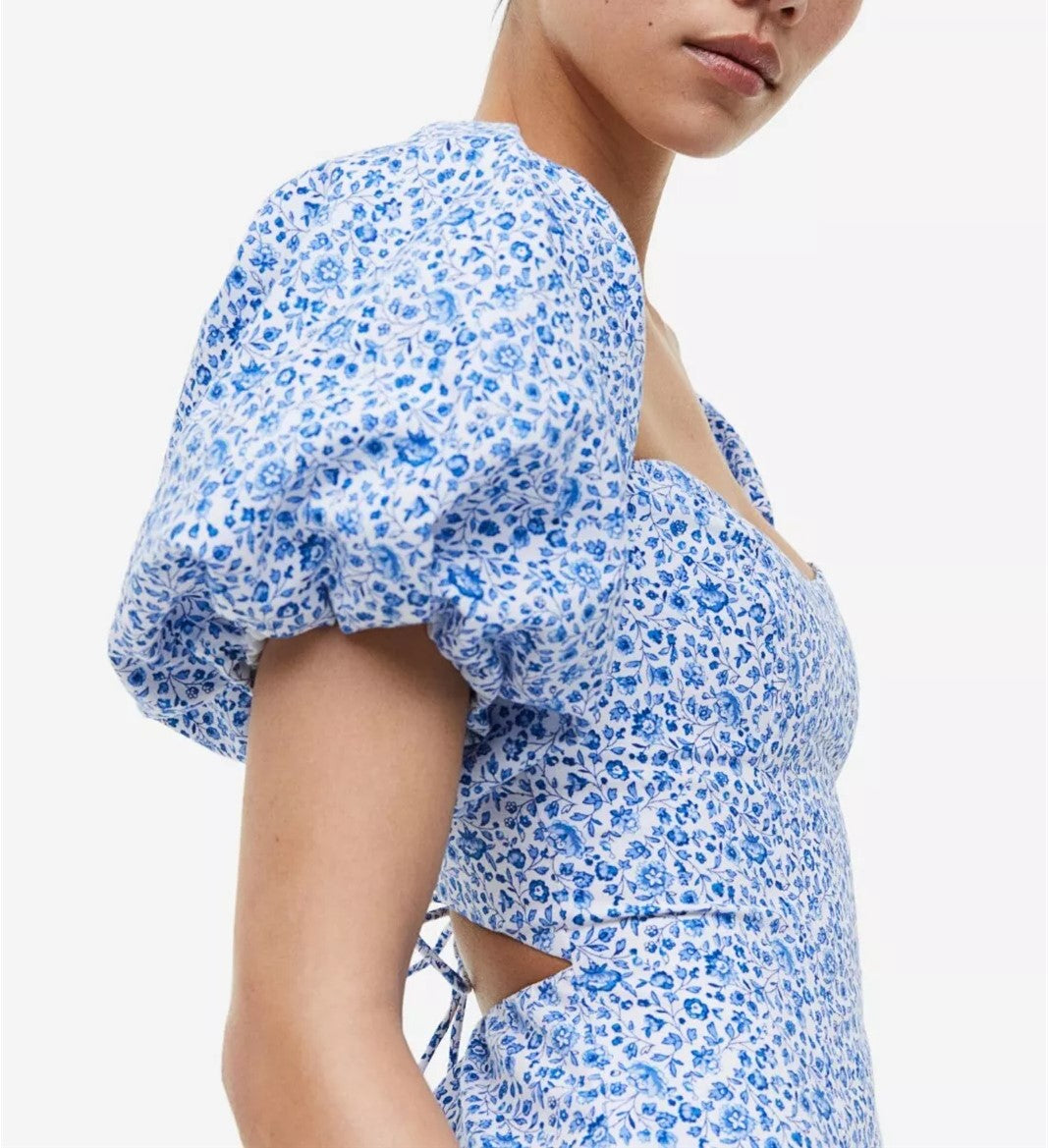 Blue & White Micro Floral Midi Dress, Puffed Sleeves | H&M