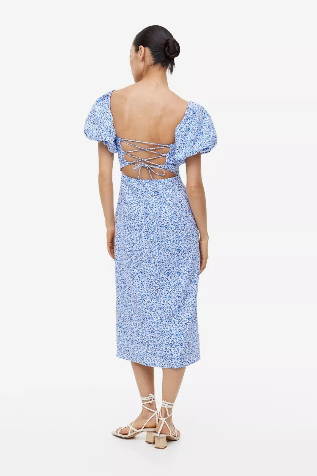 Blue & White Micro Floral Midi Dress, Puffed Sleeves | H&M