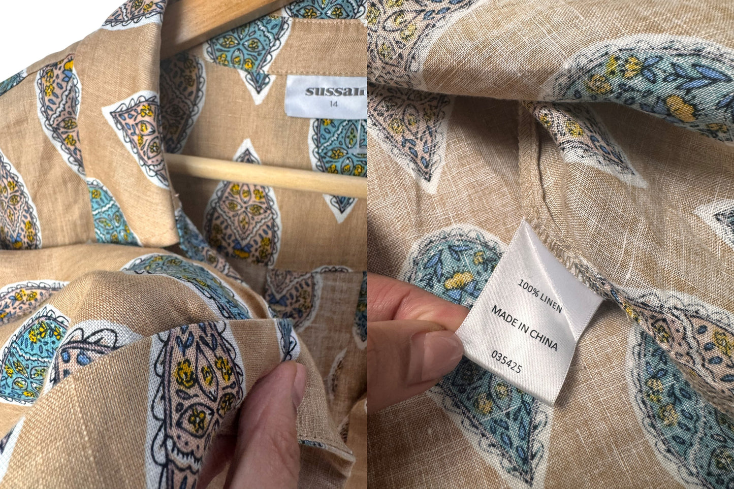 Sussan Brown Paisley Print Linen Short Sleeve Button Down Shirt
