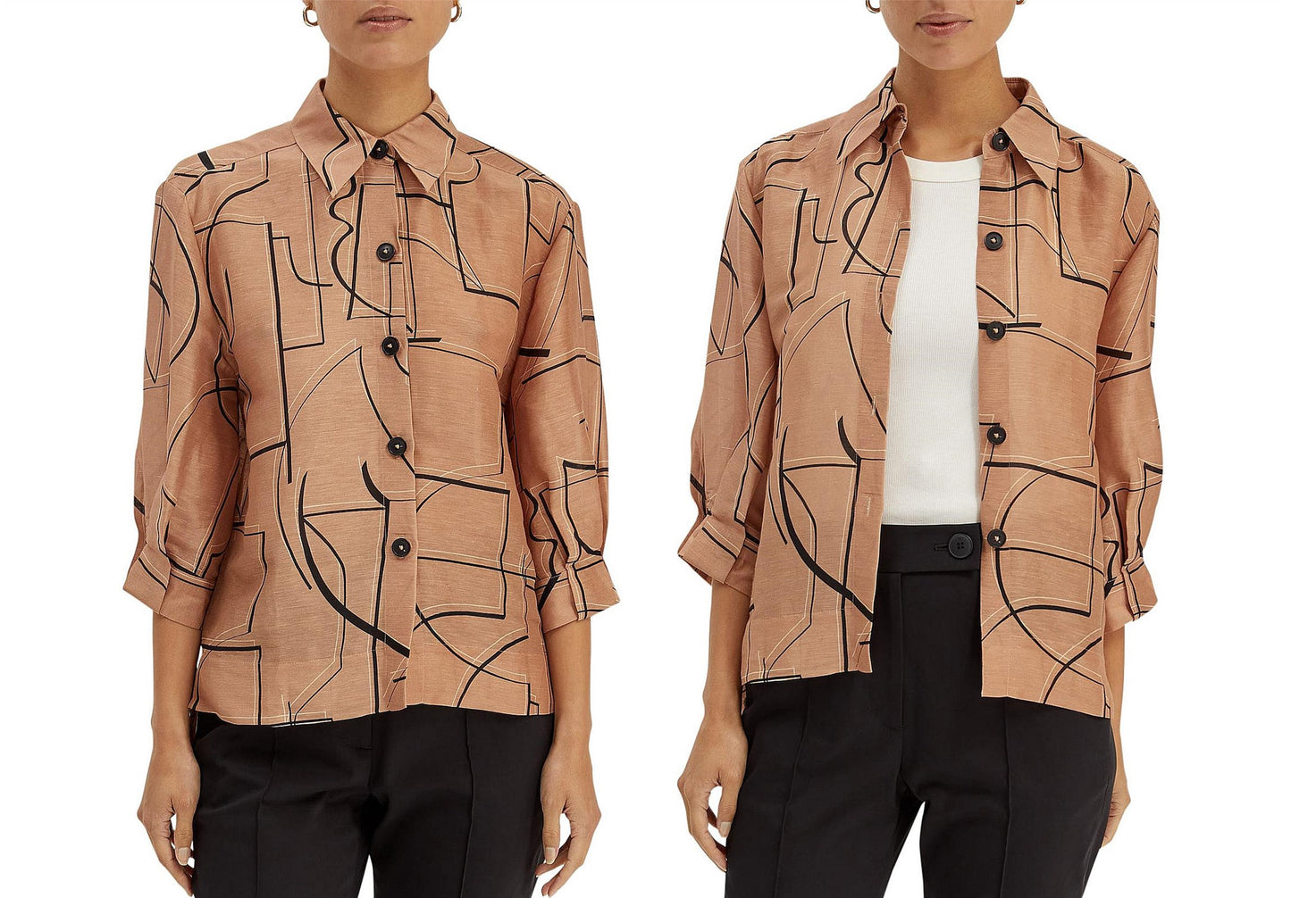 SABA Brown Printed Linen-Silk Short Sleeve Button Down Shirt