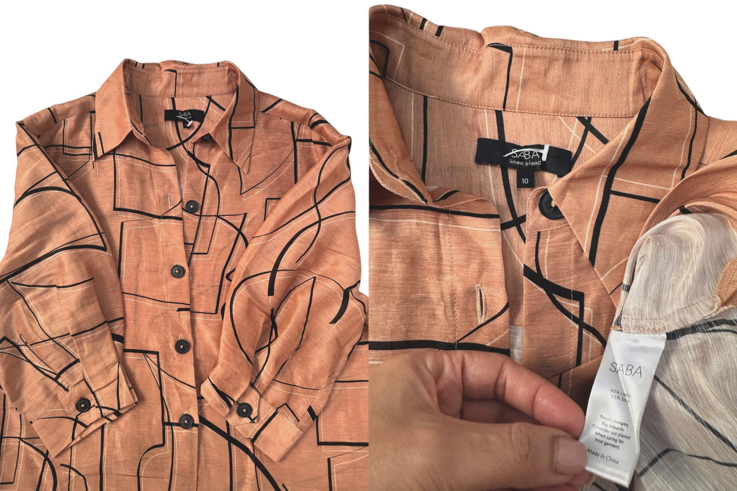 SABA Brown Printed Linen-Silk Short Sleeve Button Down Shirt
