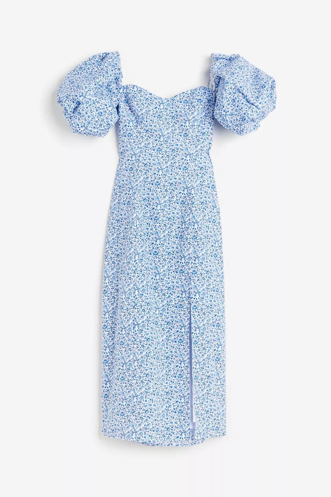 Blue & White Micro Floral Midi Dress, Puffed Sleeves | H&M