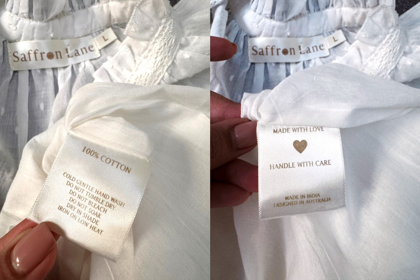 Saffron Lane White Cotton Summer Dress – Puffed Sleeves & Knee Length