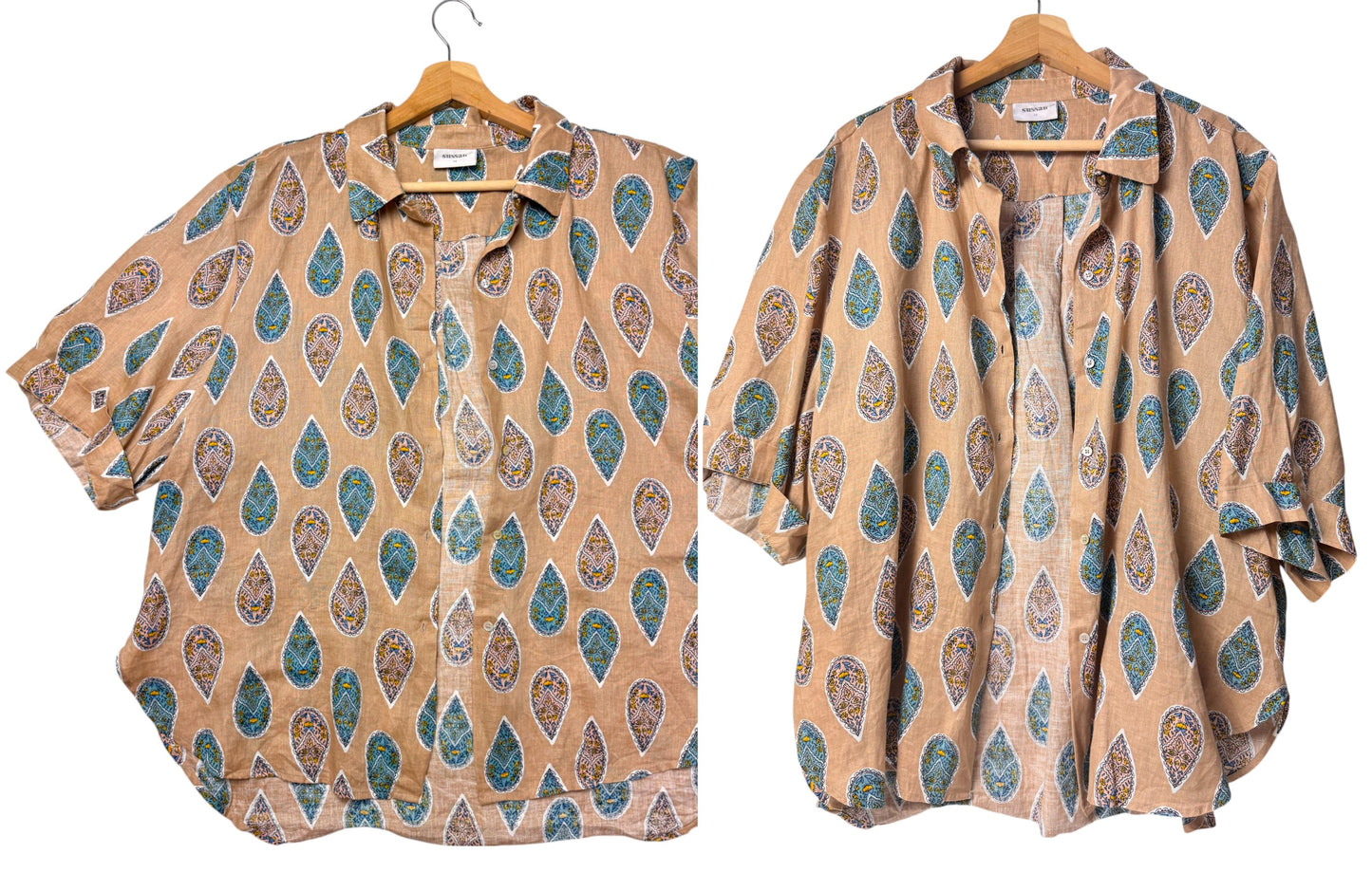 Sussan Brown Paisley Print Linen Short Sleeve Button Down Shirt
