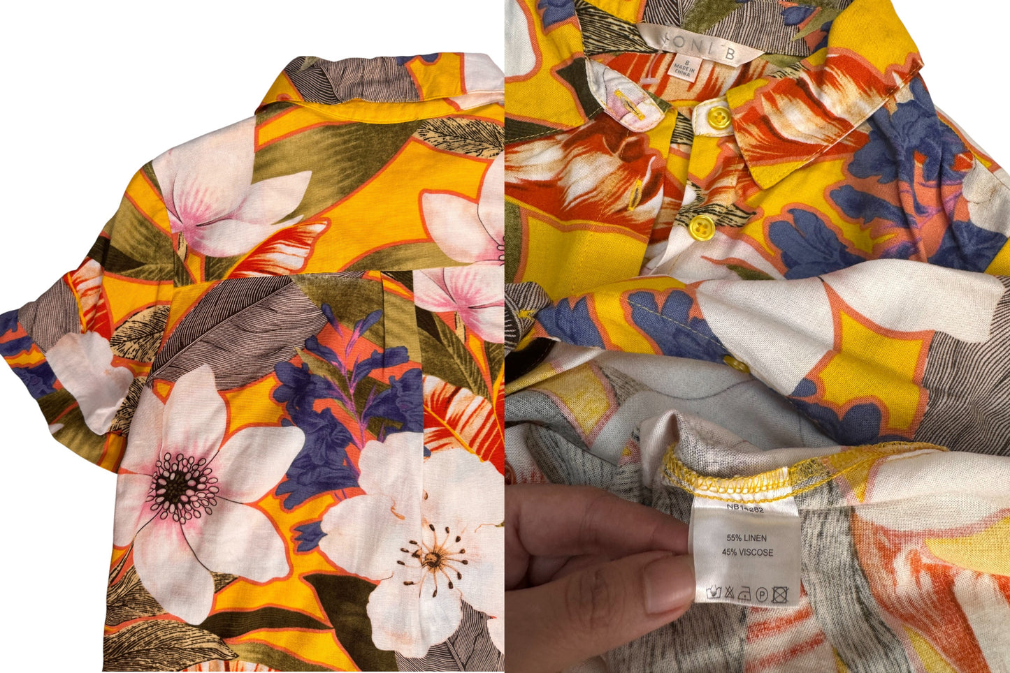 Noni B Yellow Floral Linen Blend Button-Down Shirt – Short Sleeve Summer Top