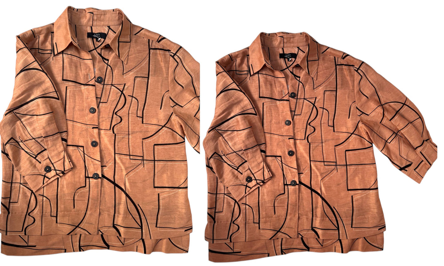 SABA Brown Printed Linen-Silk Short Sleeve Button Down Shirt