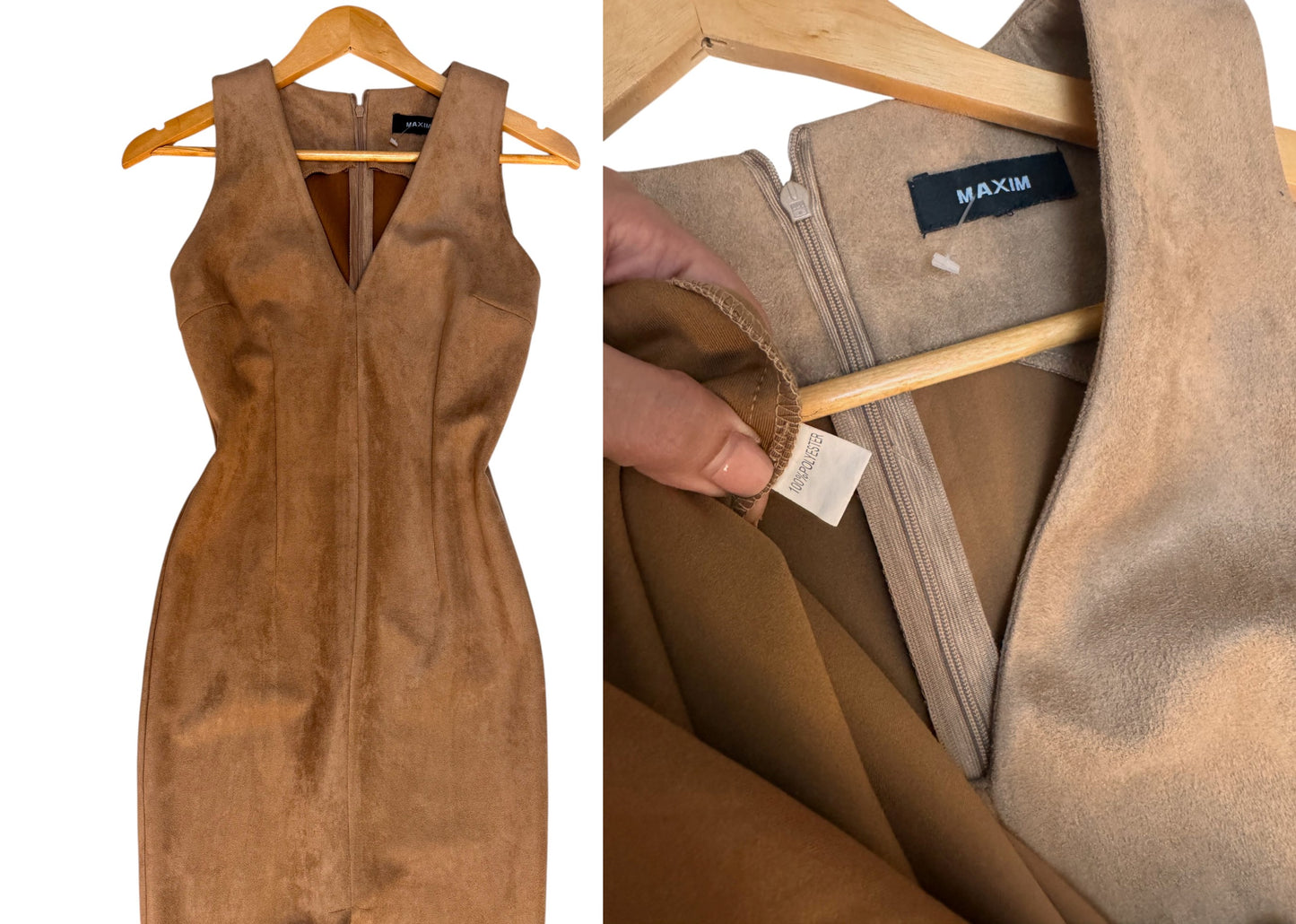 Camel Brown Suede Sleeveless Midi Dress with Front Slit