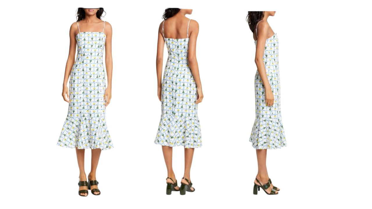 Staud Crudite Vegetable-Print Fishtail-Hem Linen Midi Dress