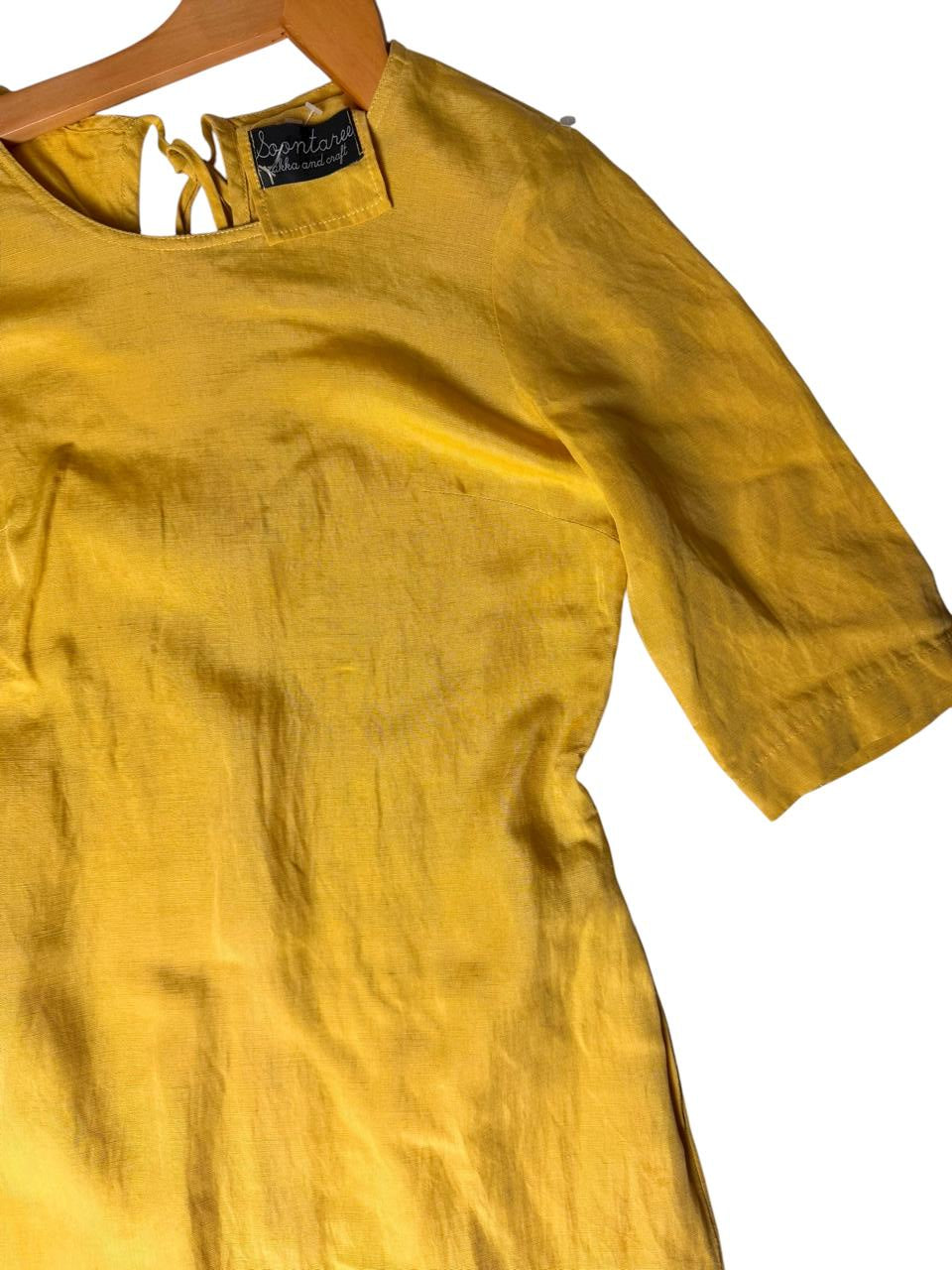 Yellow Linen Blend Textured Knee-Length Dress – Effortless Summer Style
