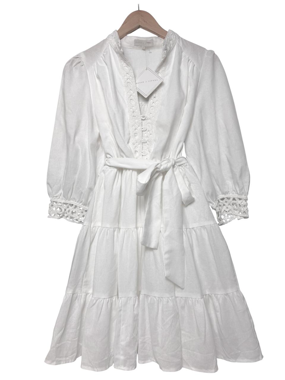 Linen Cotton Embroidered Tiered Dress – White
