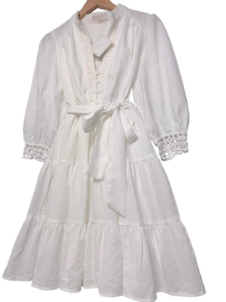 Linen Cotton Embroidered Tiered Dress – White