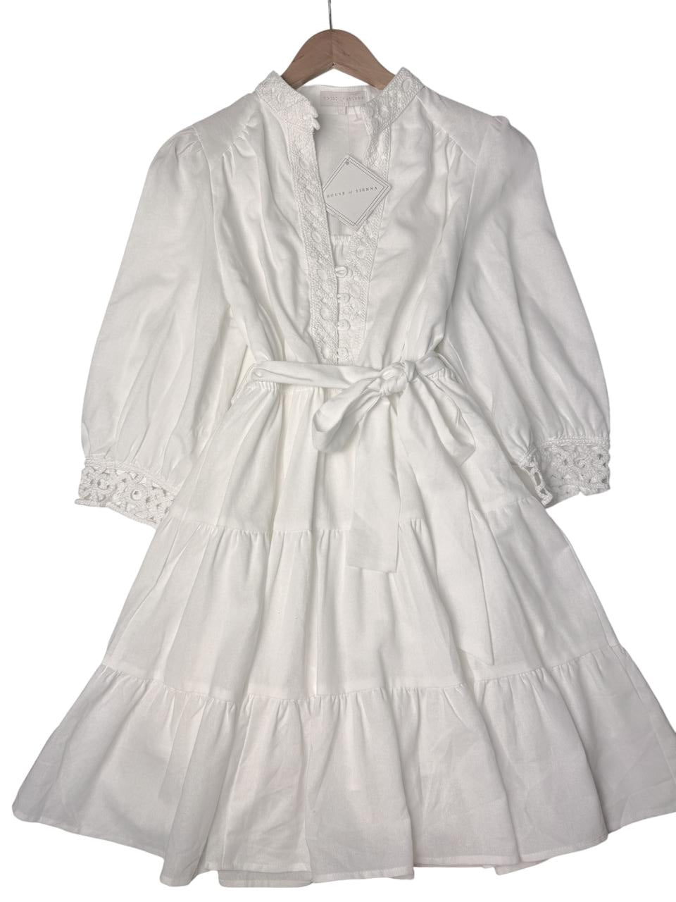 Linen Cotton Embroidered Tiered Dress – White