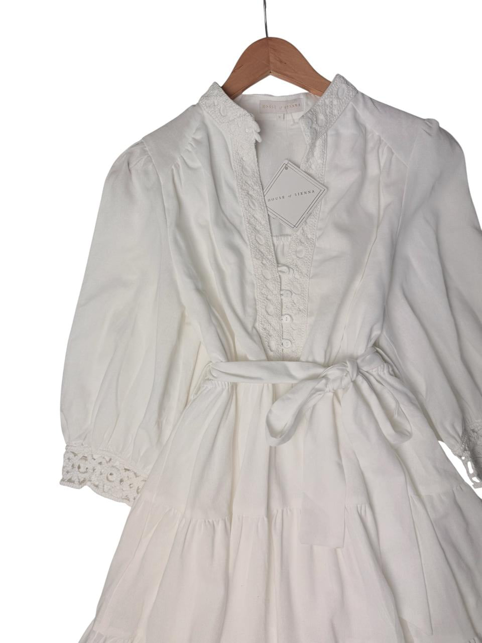 Linen Cotton Embroidered Tiered Dress – White