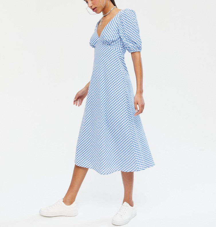 Blue & White Gingham Midi Tea Dress