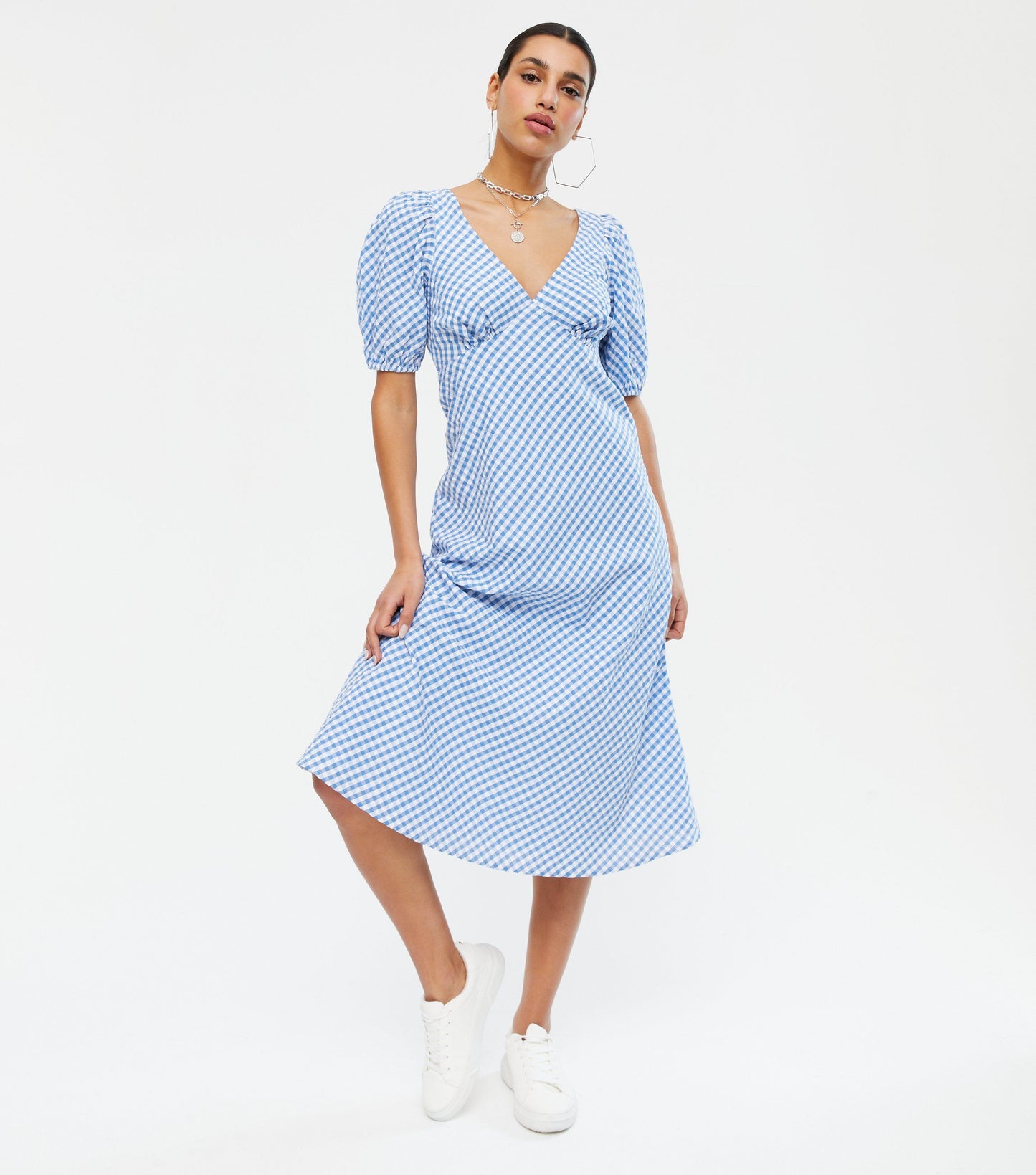 Blue & White Gingham Midi Tea Dress