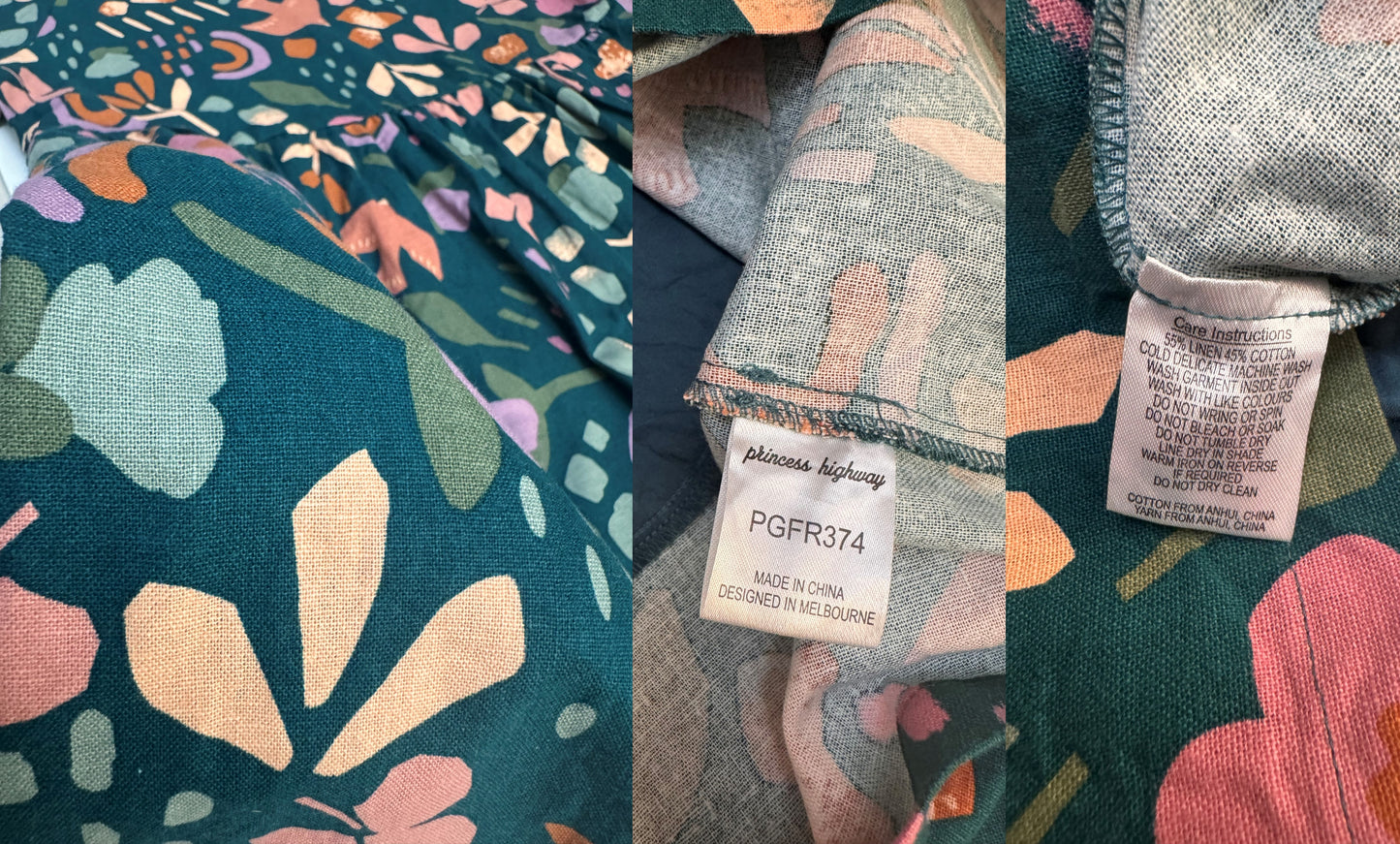 Princess Highway Blue-Green Floral Abstract Linen Blend Midi Dress