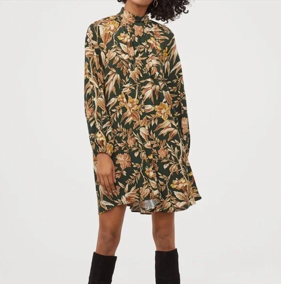 H&M Vintage-Inspired Balloon-Sleeved Shift Dress – Dark Green & Brown Floral