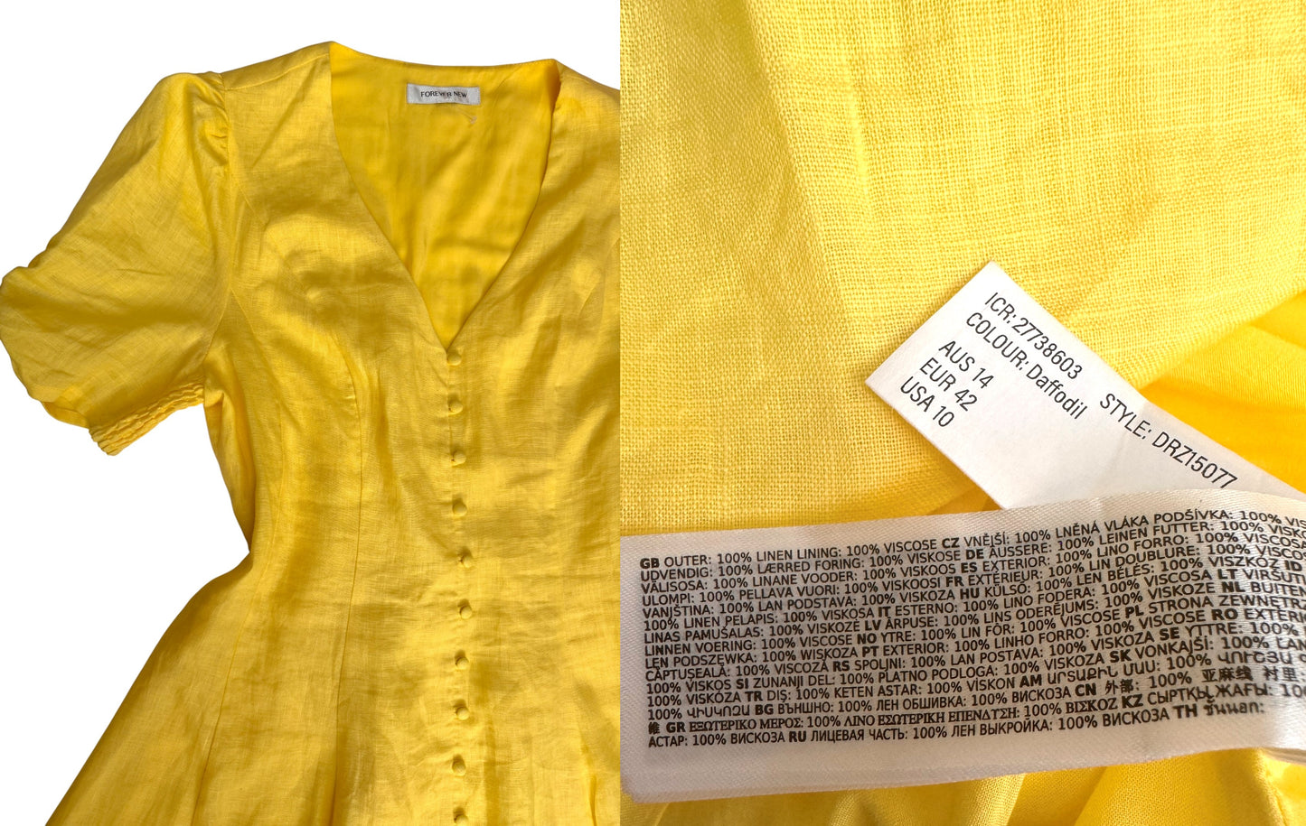 Forever New Yellow Linen Button-Down Mini Dress – 100% Linen Summer Dress