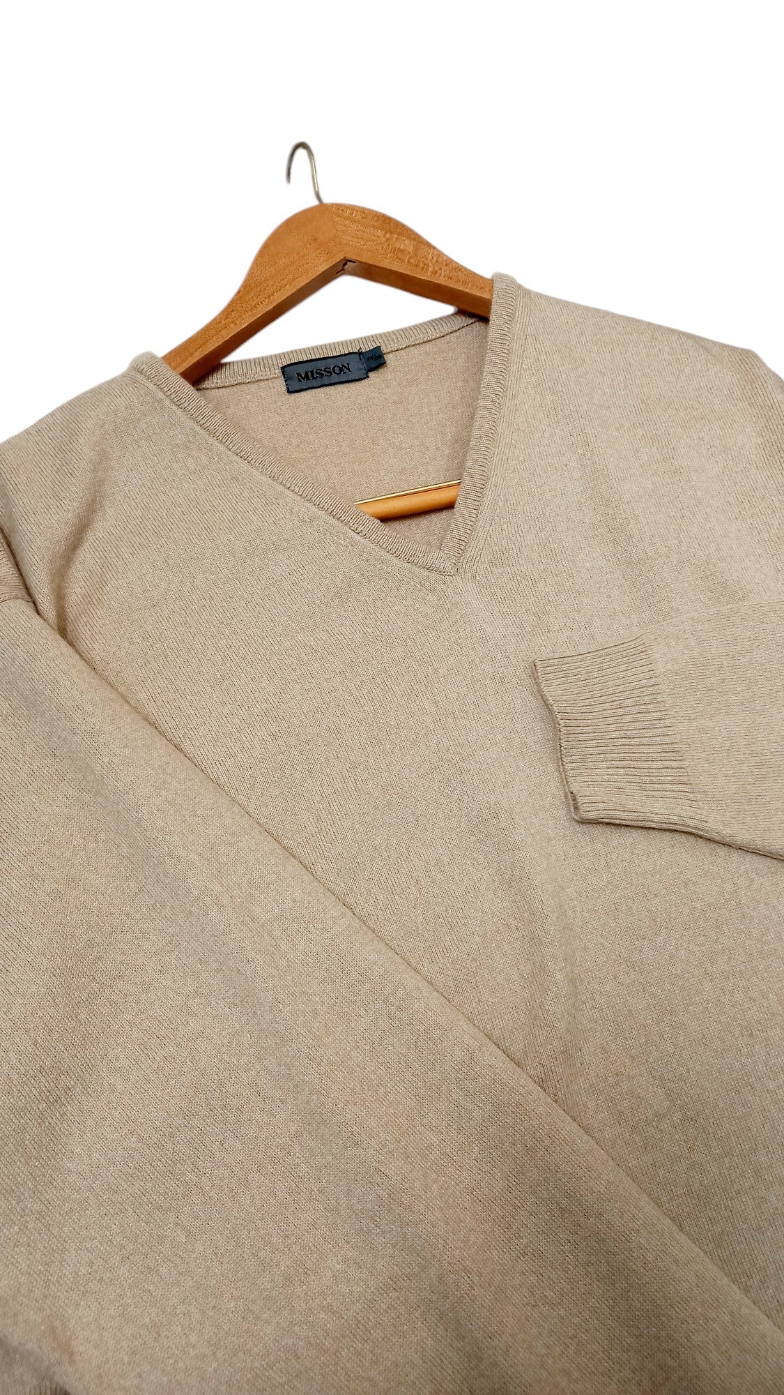 Beige Merino Wool Blend V-Neck Sweater