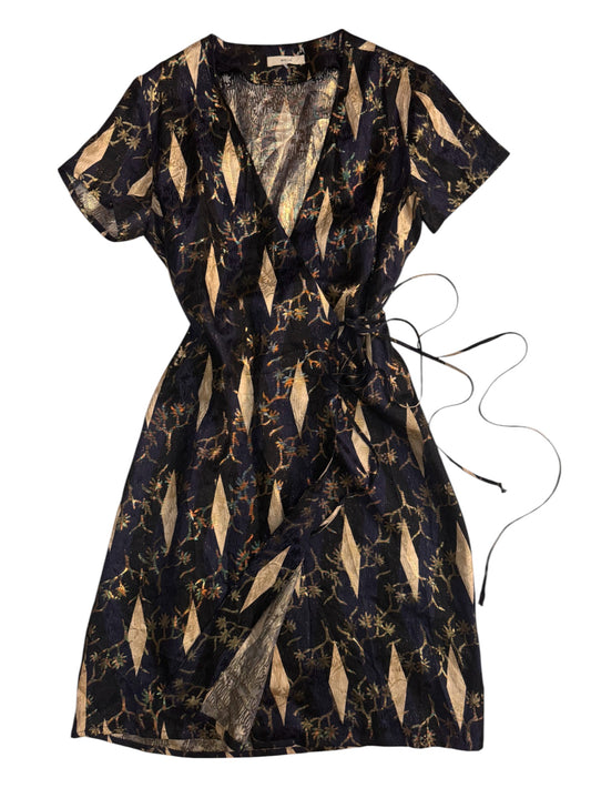 Matin Navy Silk Wrap Dress with Metallic Gold Diamond Pattern | Sparkle & Shine