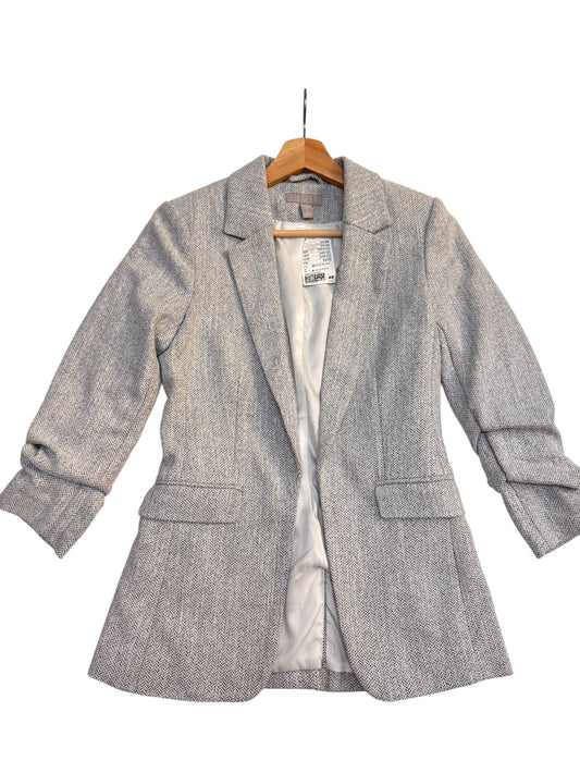 Light Grey Herringbone Structured Blazer with Gathered Sleeves