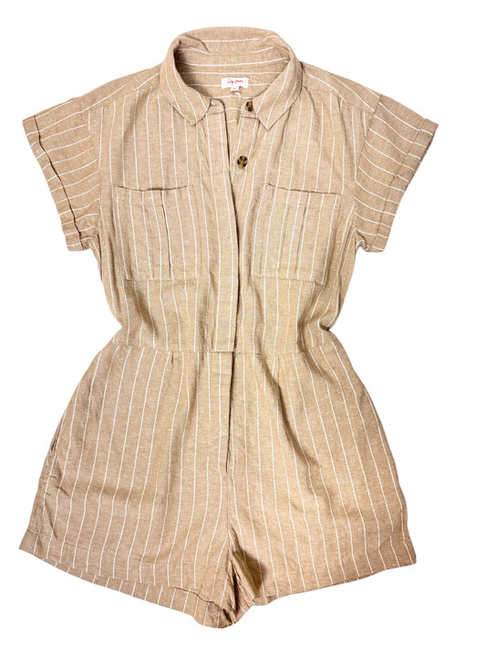 Linen Blend Romper – Beige Sand Stripe with Concealed Button Front