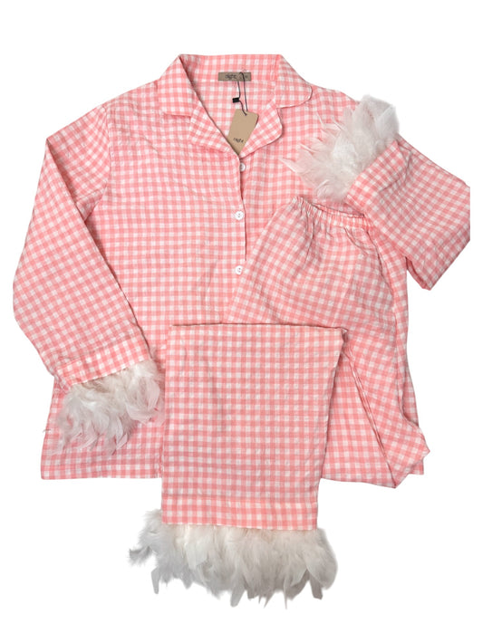 Pink Gingham Pyjama Set – Removable White Feather Trim