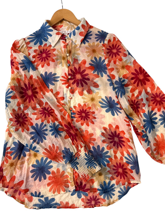 Sunny Girl – Bold Floral Button down Top in Orange Red & Blue
