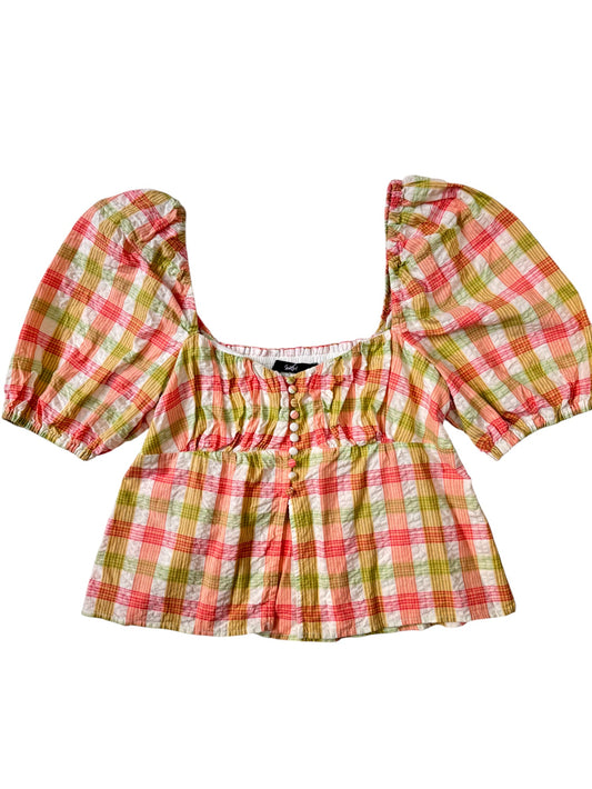 Summer Plaid Smocked Blouse with Puff Sleeves