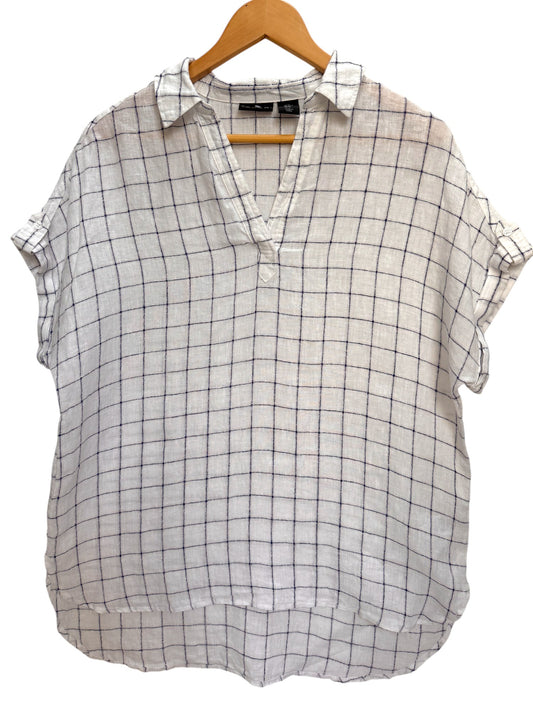 Tahari White Checked Linen Short Sleeve Top