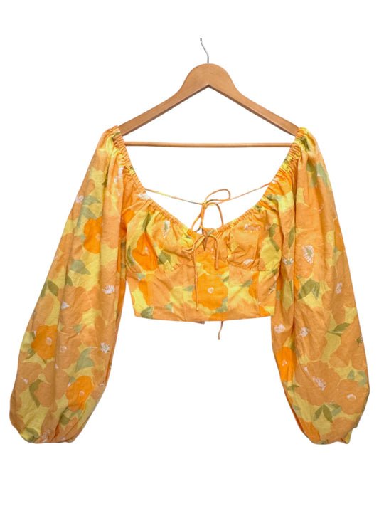 Summer Yellow  Floral Backless Top with Puff Sleeves