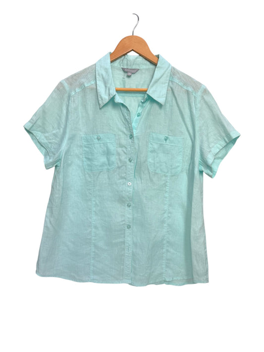 Suzanne Grae Light Blue Linen Short Sleeve Button Down Shirt – Relaxed Oversized Fit
